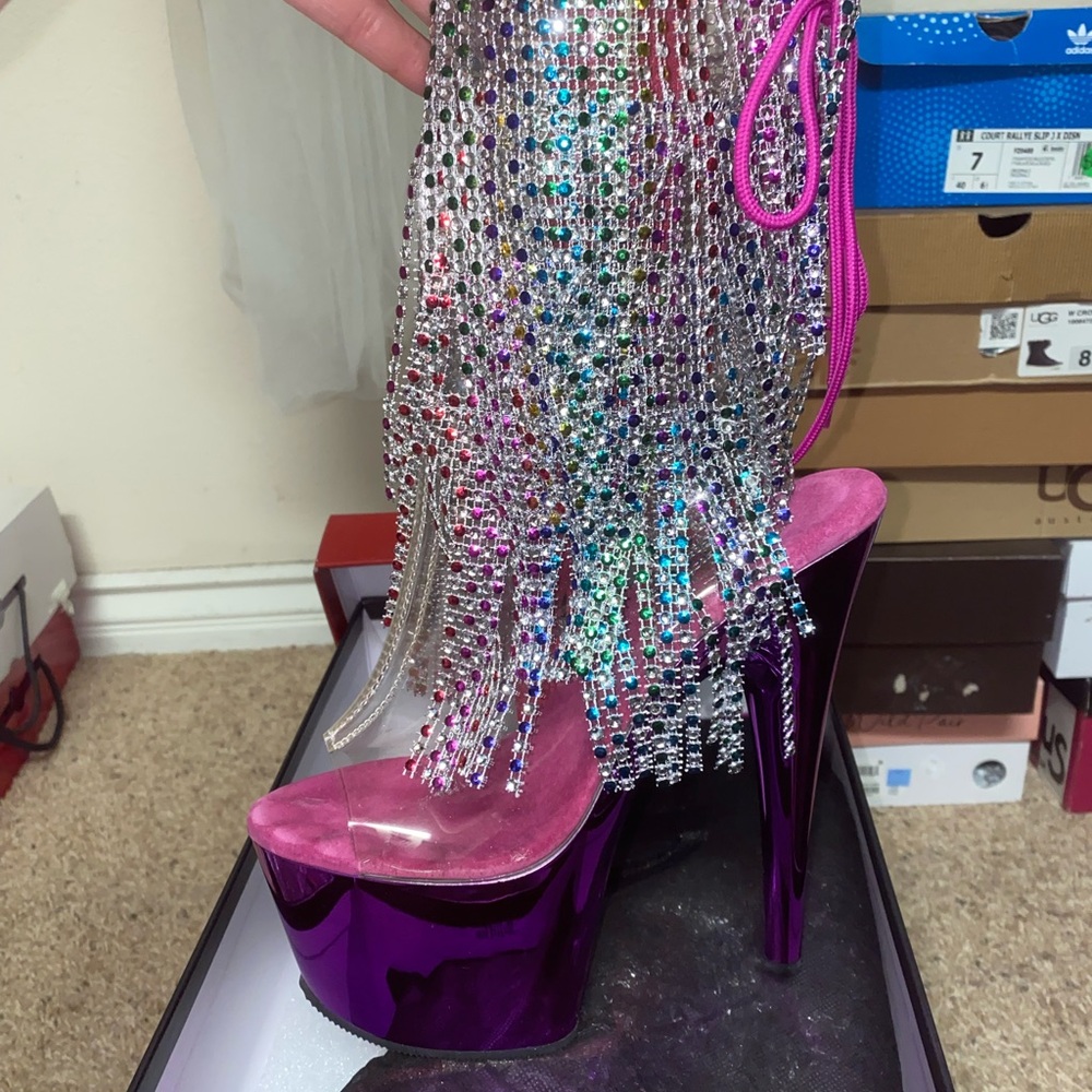 Pink Metallic Platform Heels with Rhinestone Fringe